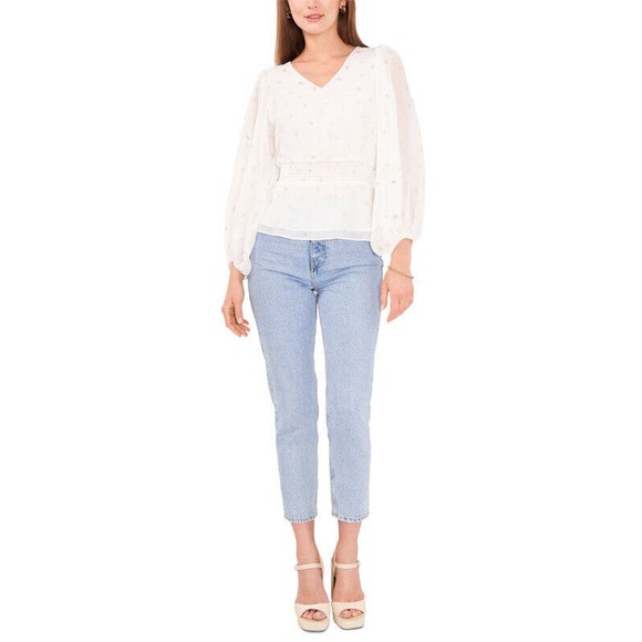 VINCE CAMUTO Womens Ivory Lined Sheer Foiled  V Neck Blouse - Picture 3 of 3